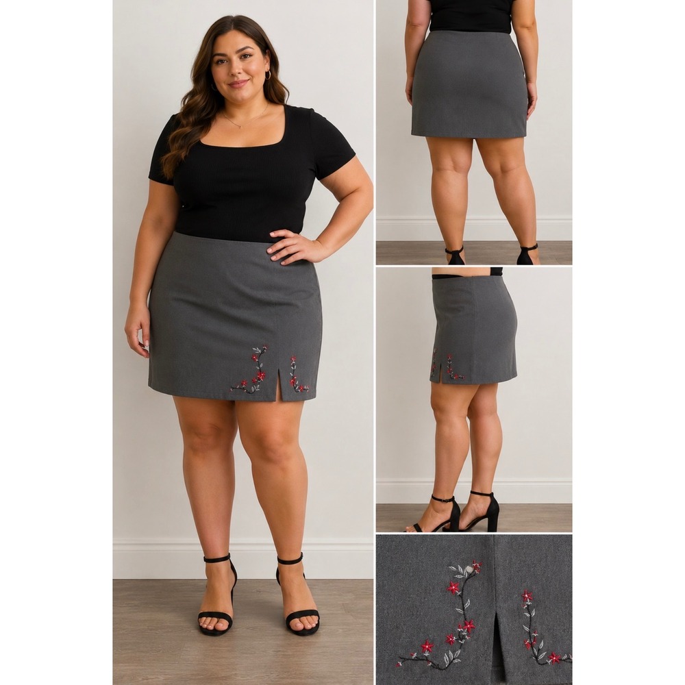Clio II Womens Gray Embroidered Floral Side Slit Mini Skirt Plus Size 22 Vtg